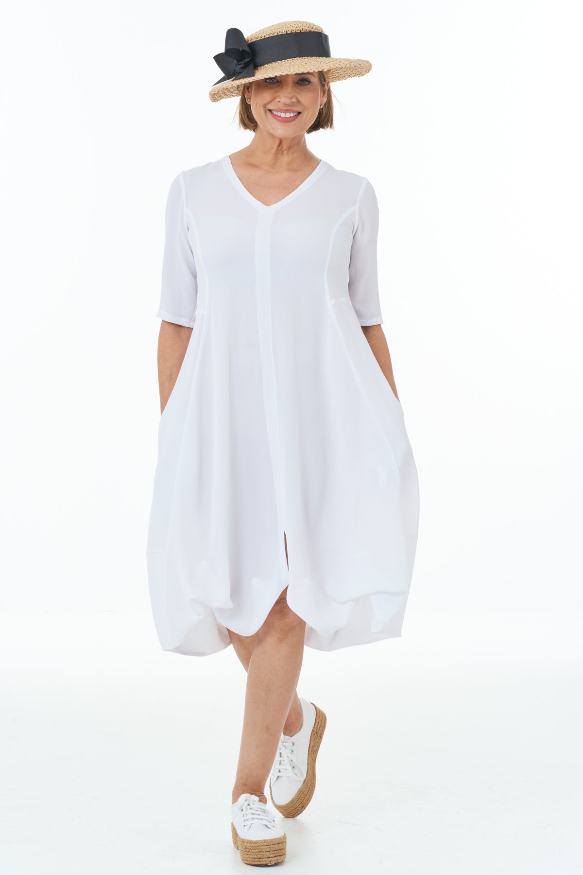 Short Sleeved Waffle Bubble Dress in White