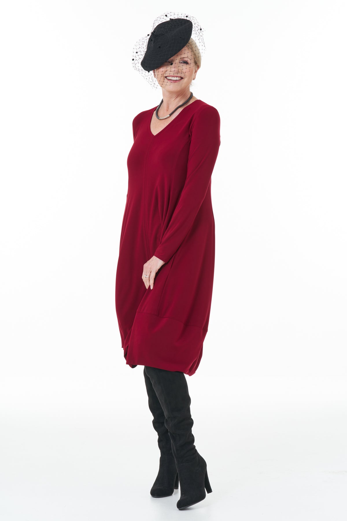 Casual Chic - Long Sleeve Knit Bubble Dress in Wine