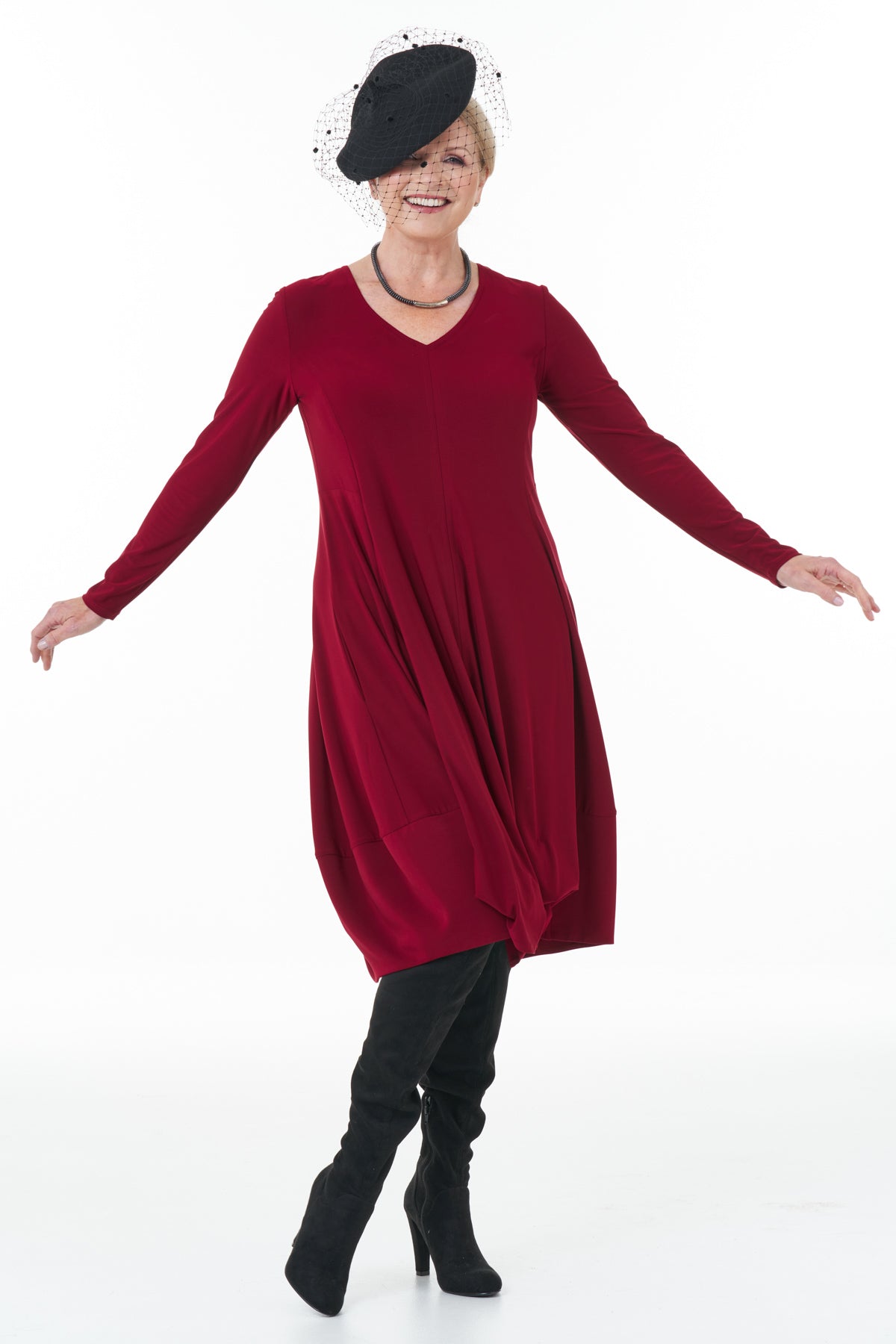 Casual Chic - Long Sleeve Knit Bubble Dress in Wine