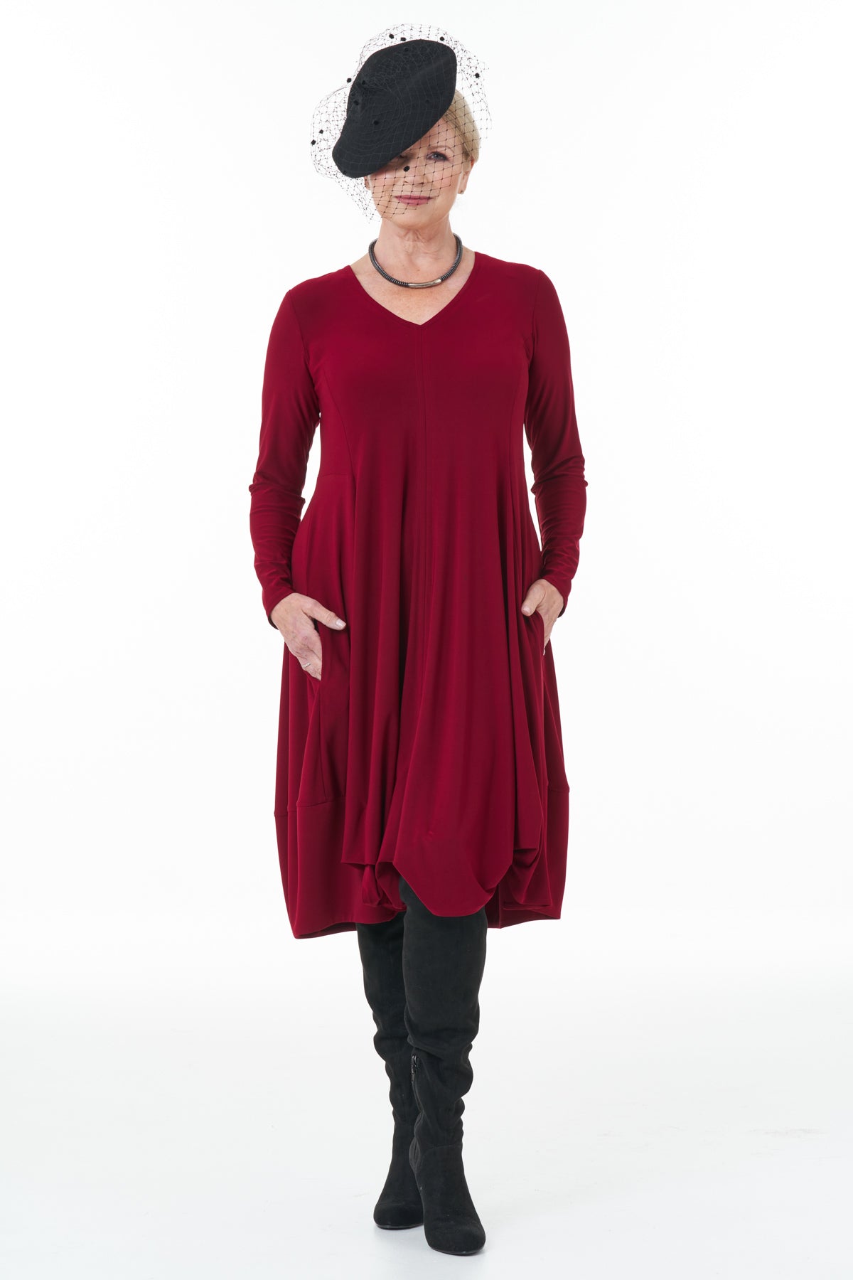 Casual Chic - Long Sleeve Knit Bubble Dress in Wine