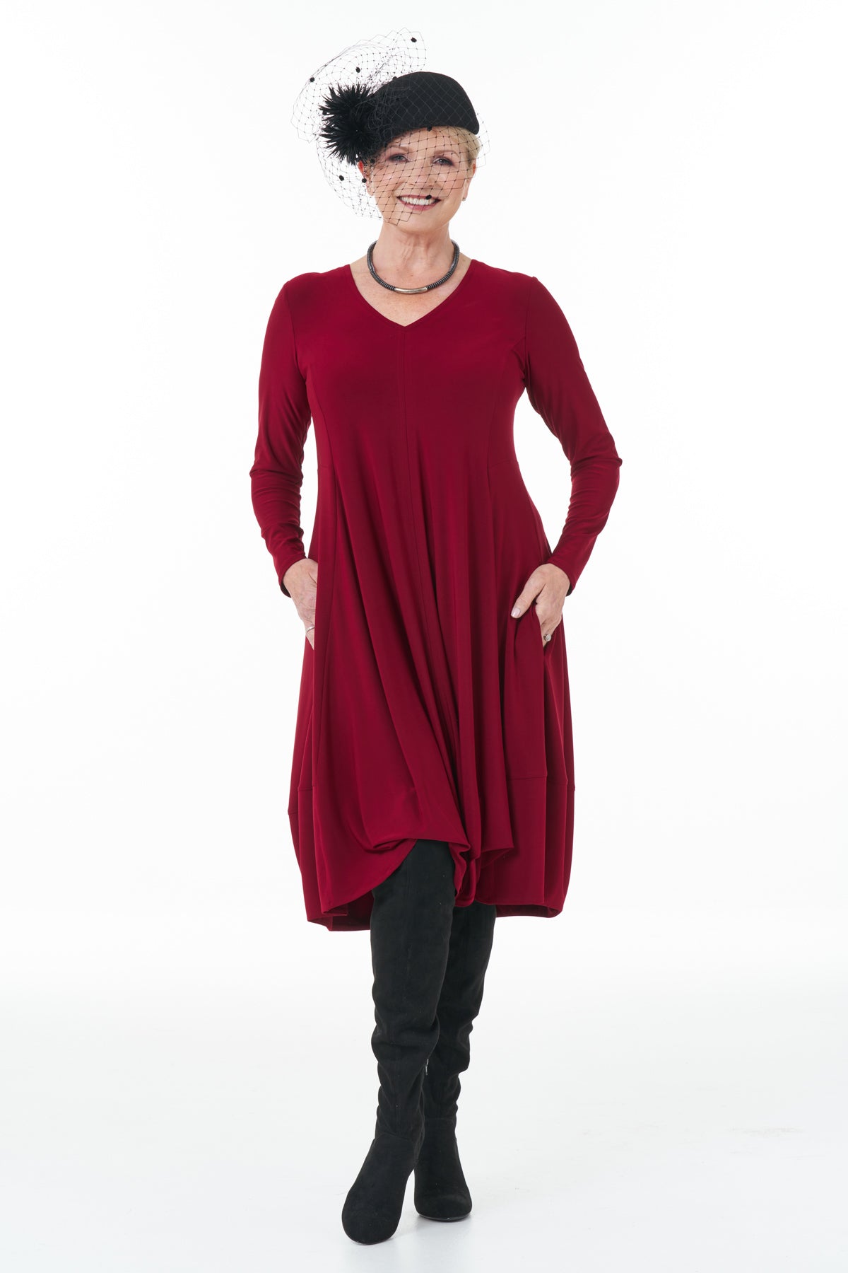 Long Sleeve Knit Bubble Dress in Wine