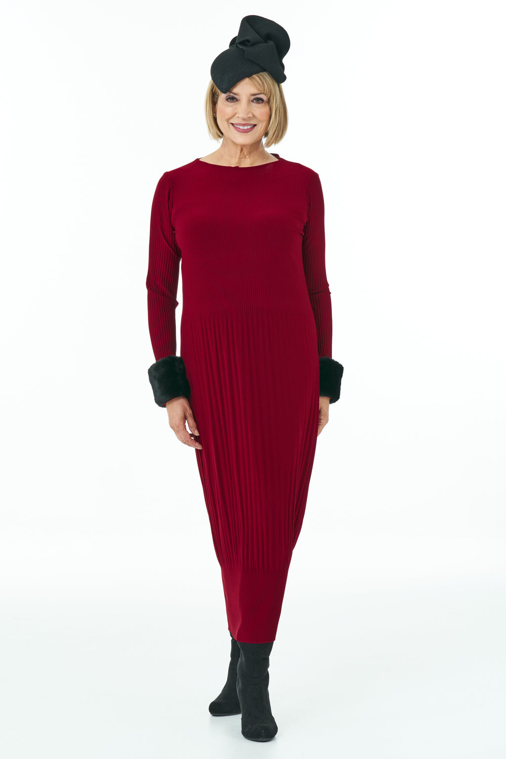 Casual Chic - Long Sleeved Pleated Knit Dress in Wine