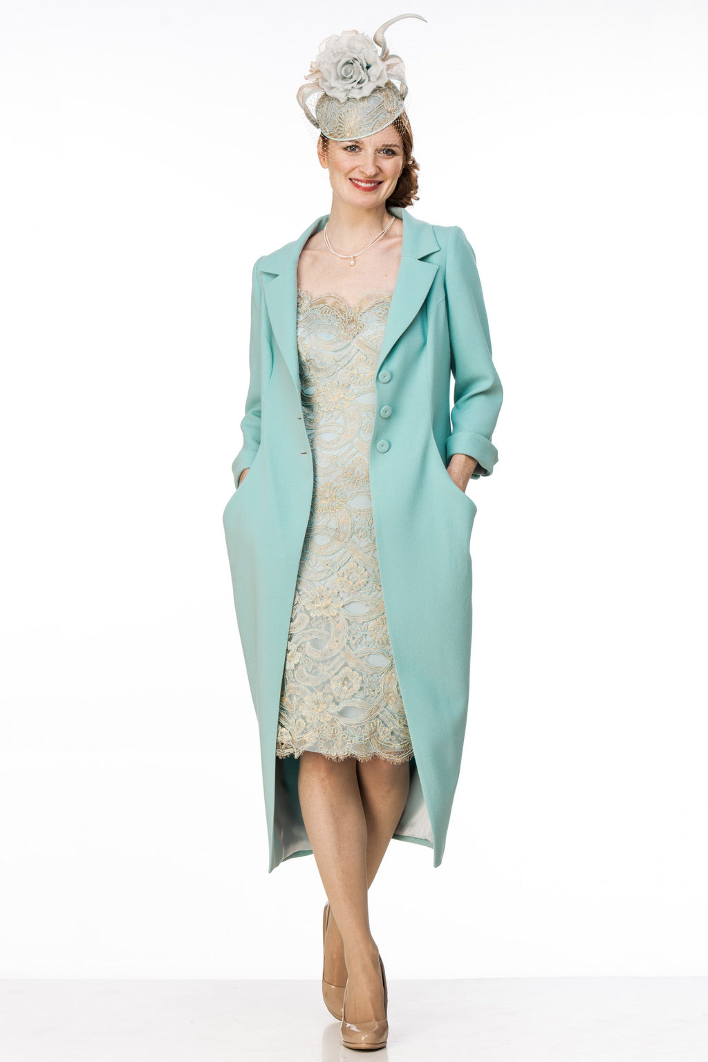 Wool Crepe Coat over Corded Metallic Lace Dress