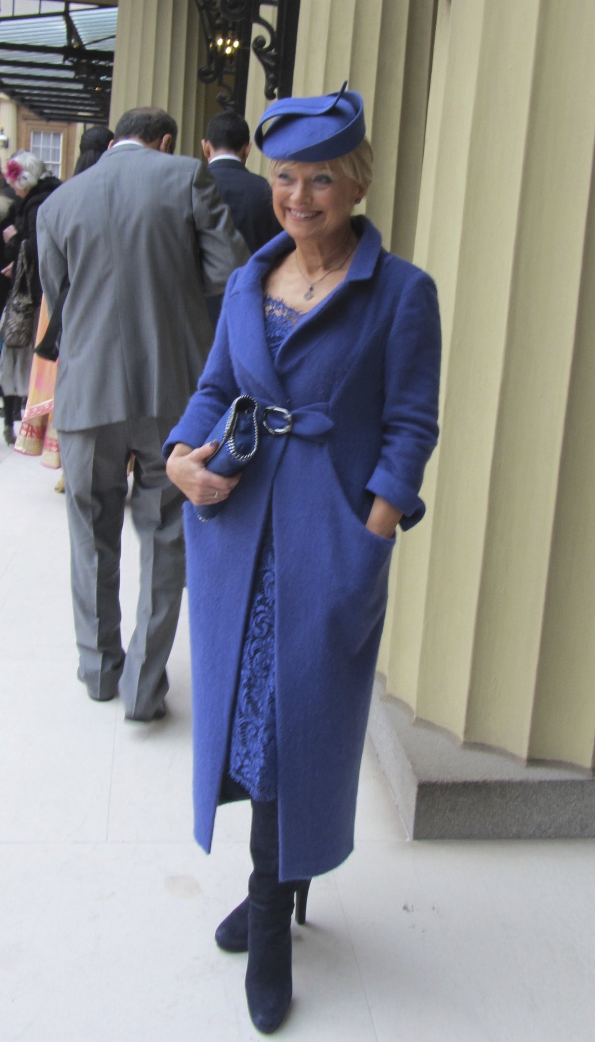 Wool Crepe Coat over Corded Metallic Lace Dress