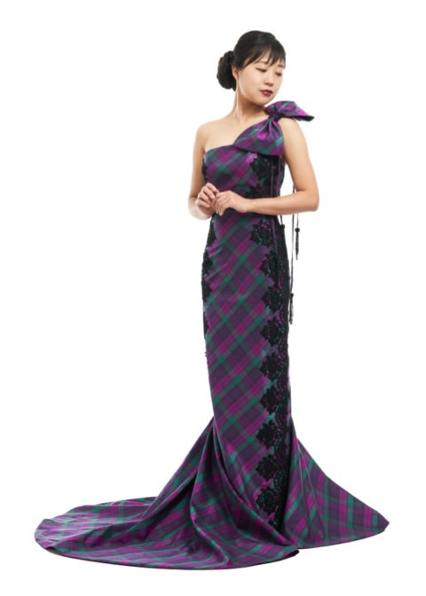 Bow Shoulder Strap Tartan Evening Dress