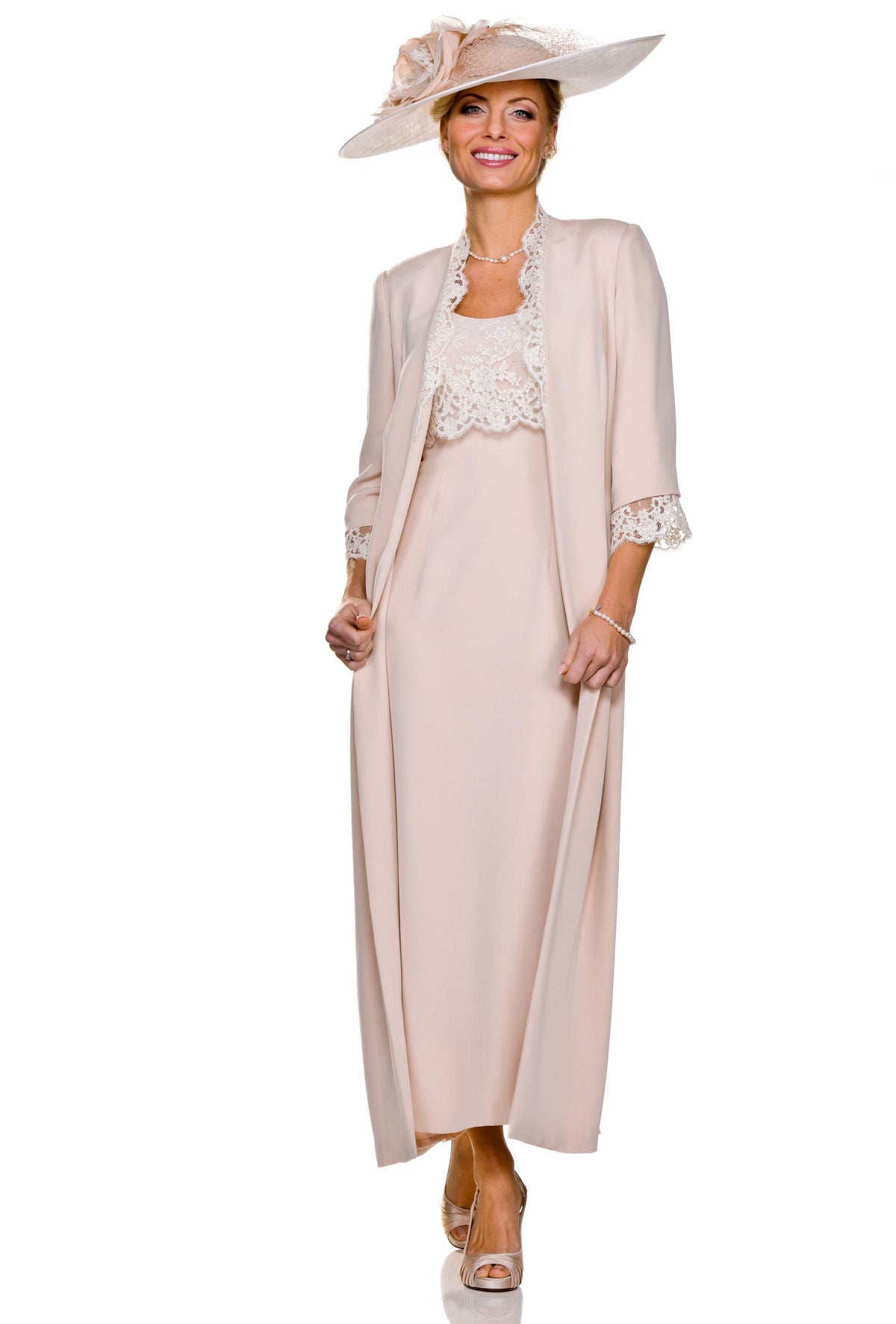 Elegant Fitted Dress and Lace Trimmed Coat