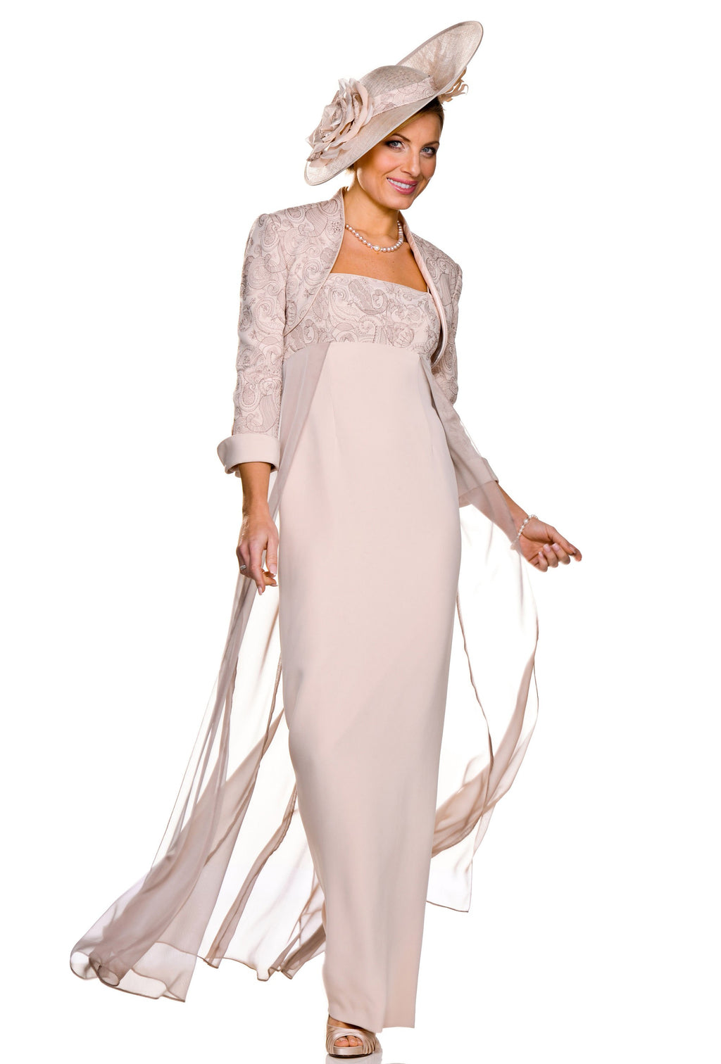 Longline Fitted Dress with Organza Flare and Matching Cropped Jacket