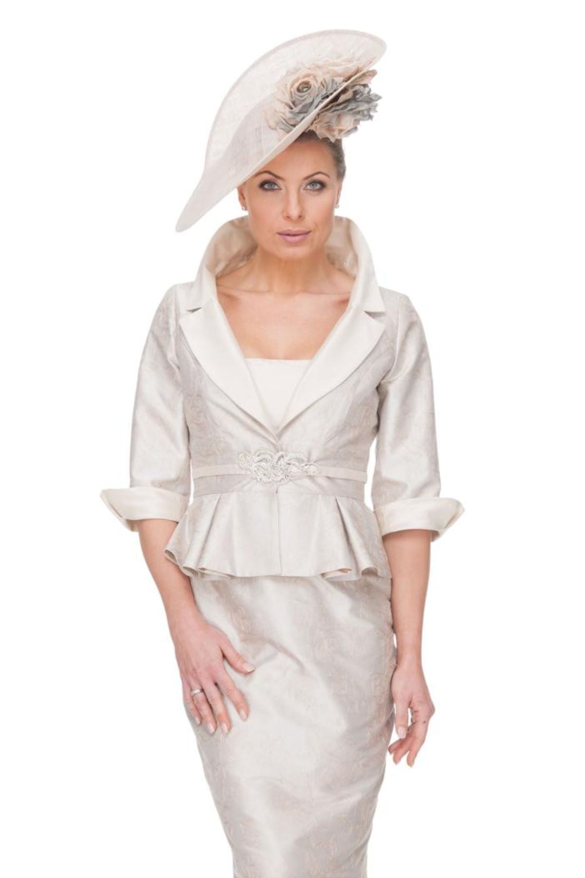Embroidered silk peplum jacket and straight dress