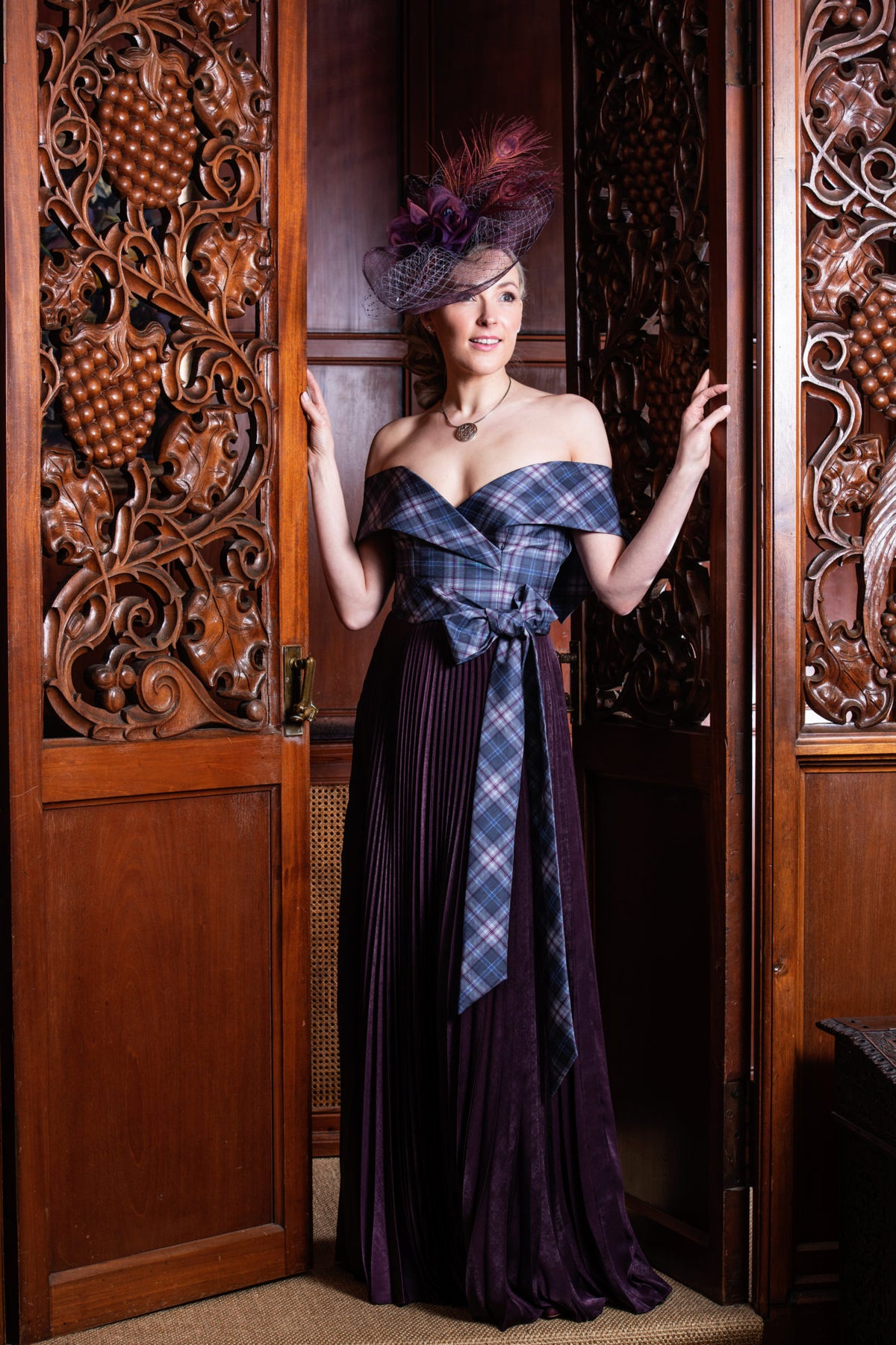 Off-The-Shoulder Tartan Bodice with Long Pleated Skirt
